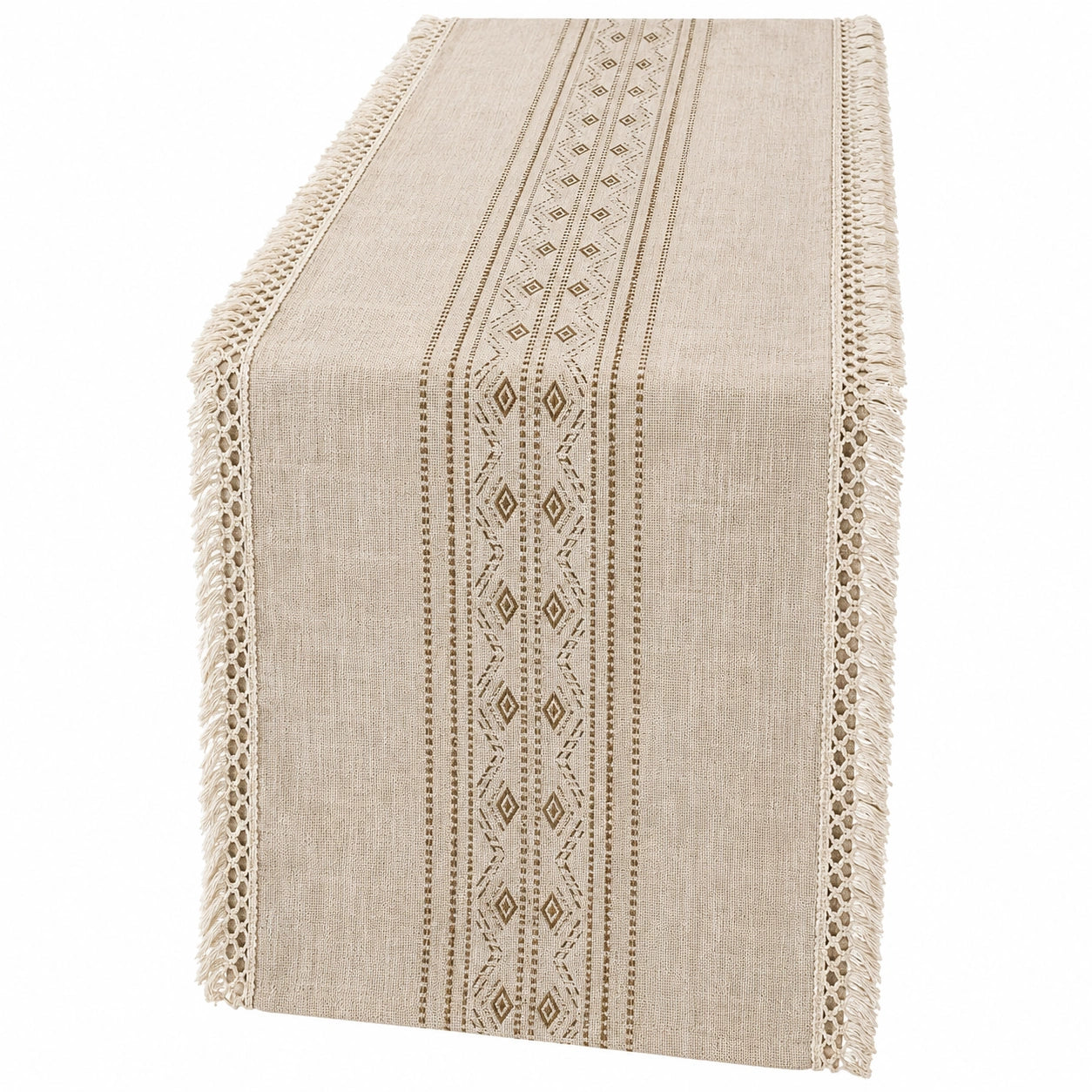 Runner da Tavolo Beige con Frange Decorativi e Motivo Geometrico
