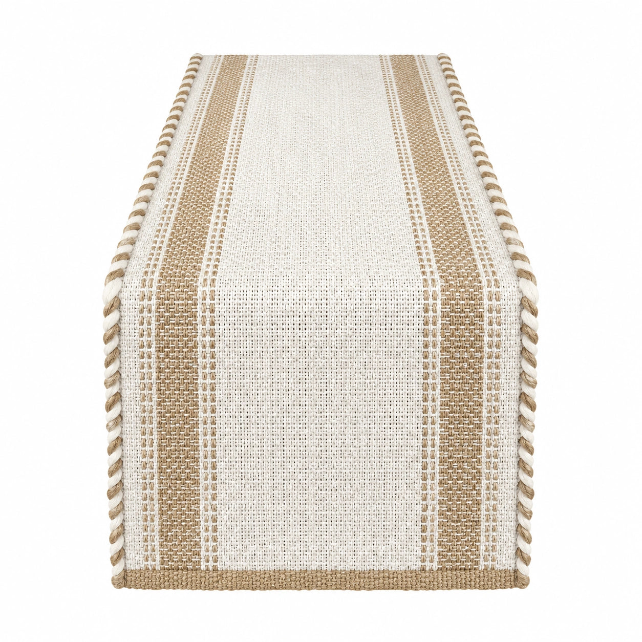 Runner da Tavolo In Tessuto Intrecciato a Righe Beige e Bianco