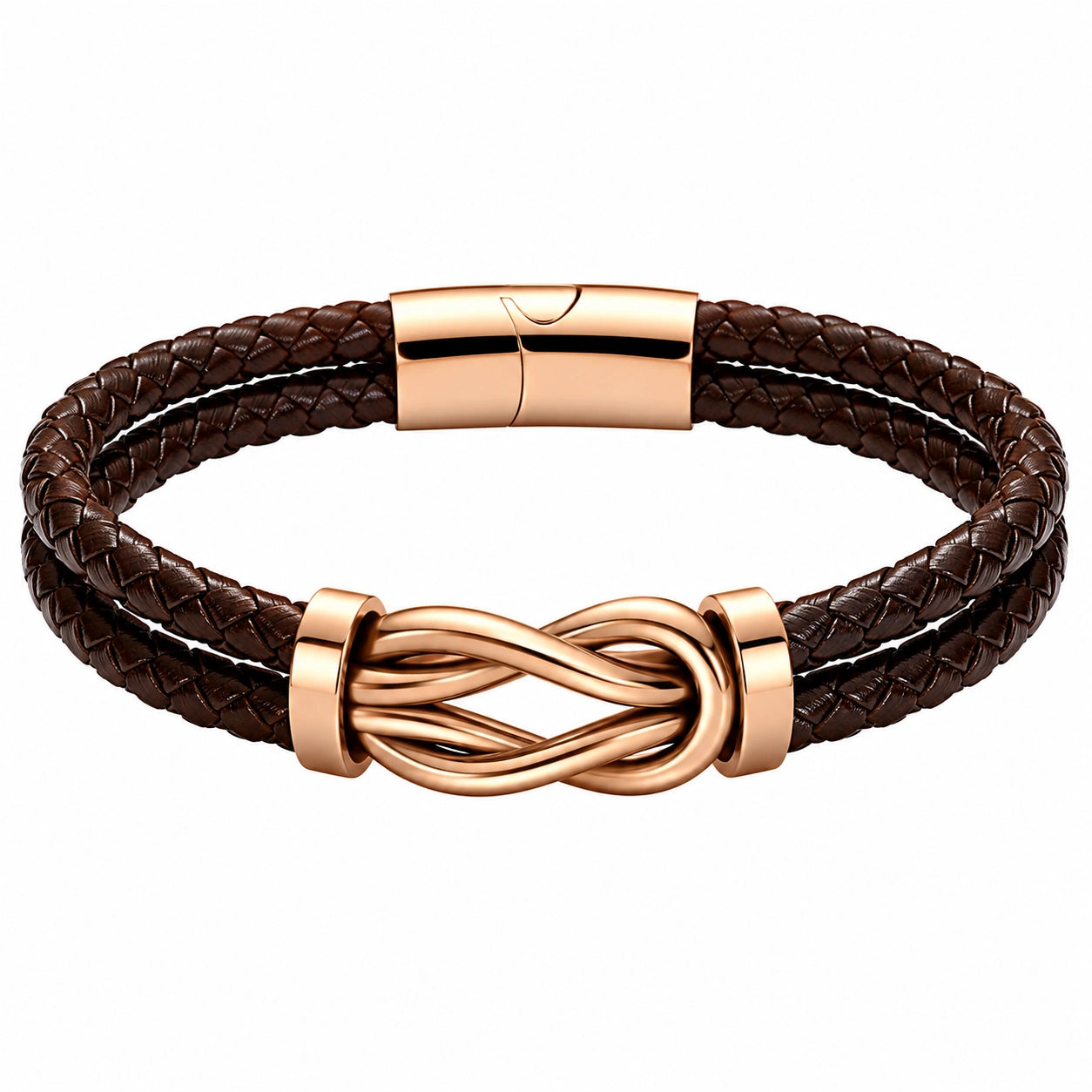 Bracciale intrecciato marrone con nodo infinito e chiusura magnetica oro rosa