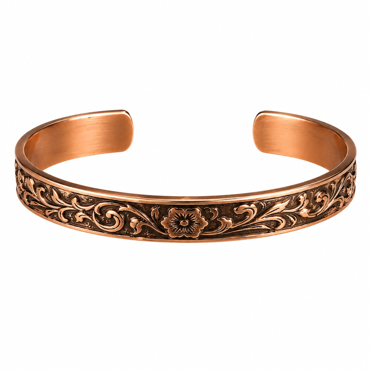 Bracciale rigido inciso con disegno floreale in rame