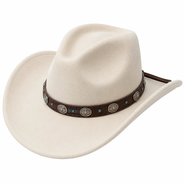 Cappello da Cowboy Beige con Dettagli Decorativi in Metallo