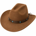 Cappello da Cowboy in Feltro Marrone con Decori Turchesi