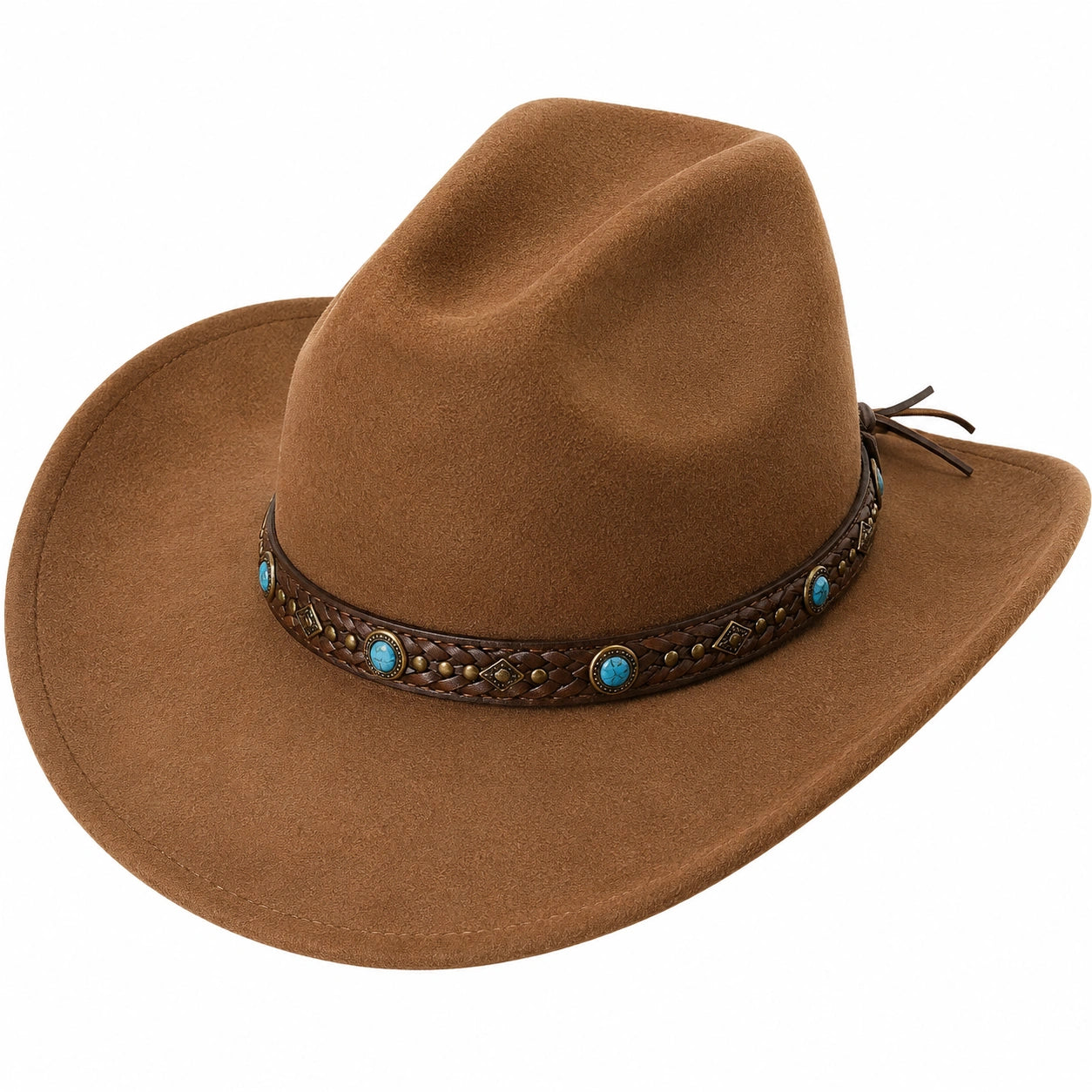 Cappello da Cowboy in Feltro Marrone con Decori Turchesi