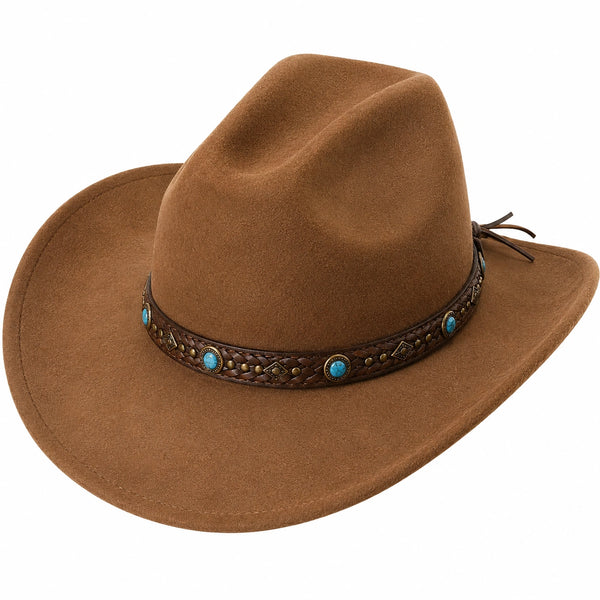 Cappello da Cowboy in Feltro Marrone con Decori Turchesi