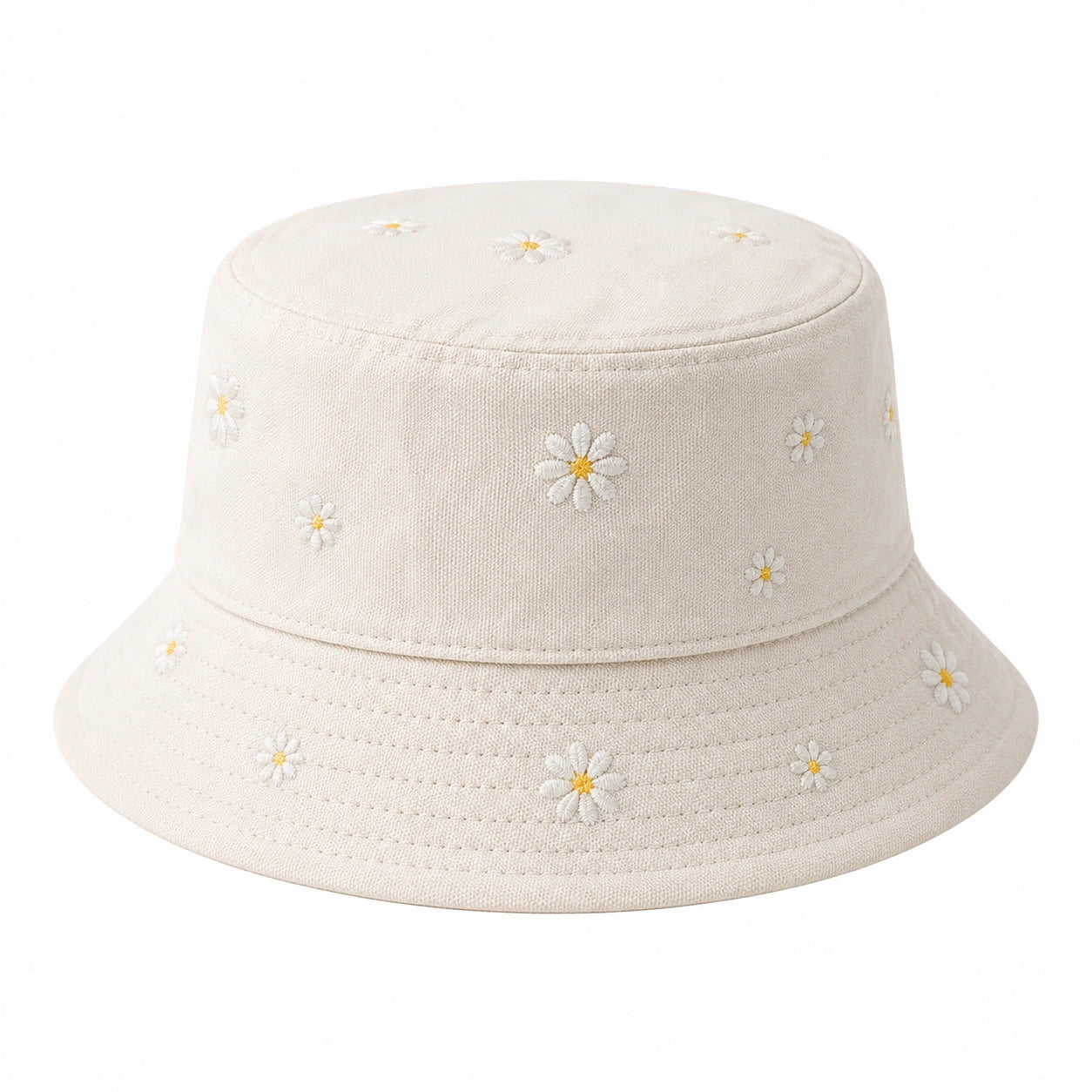Cappello a Secchiello Ricamato con Margherite Beige