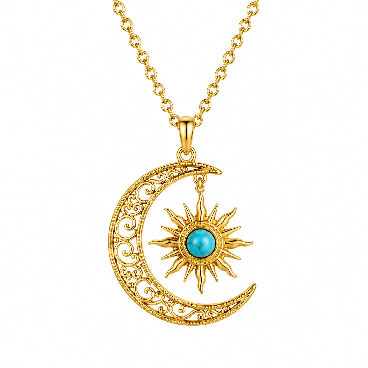 Collana Bohemien con Ciondolo Luna e Sole Oro e Turchese